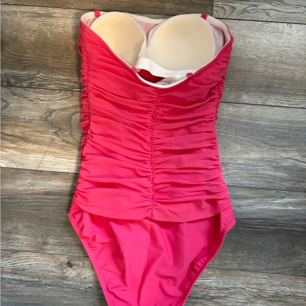 Pink Ruched One Piece Swimsuit Ruffle Front Tummy Control Size 10 - Picture 6 of 7